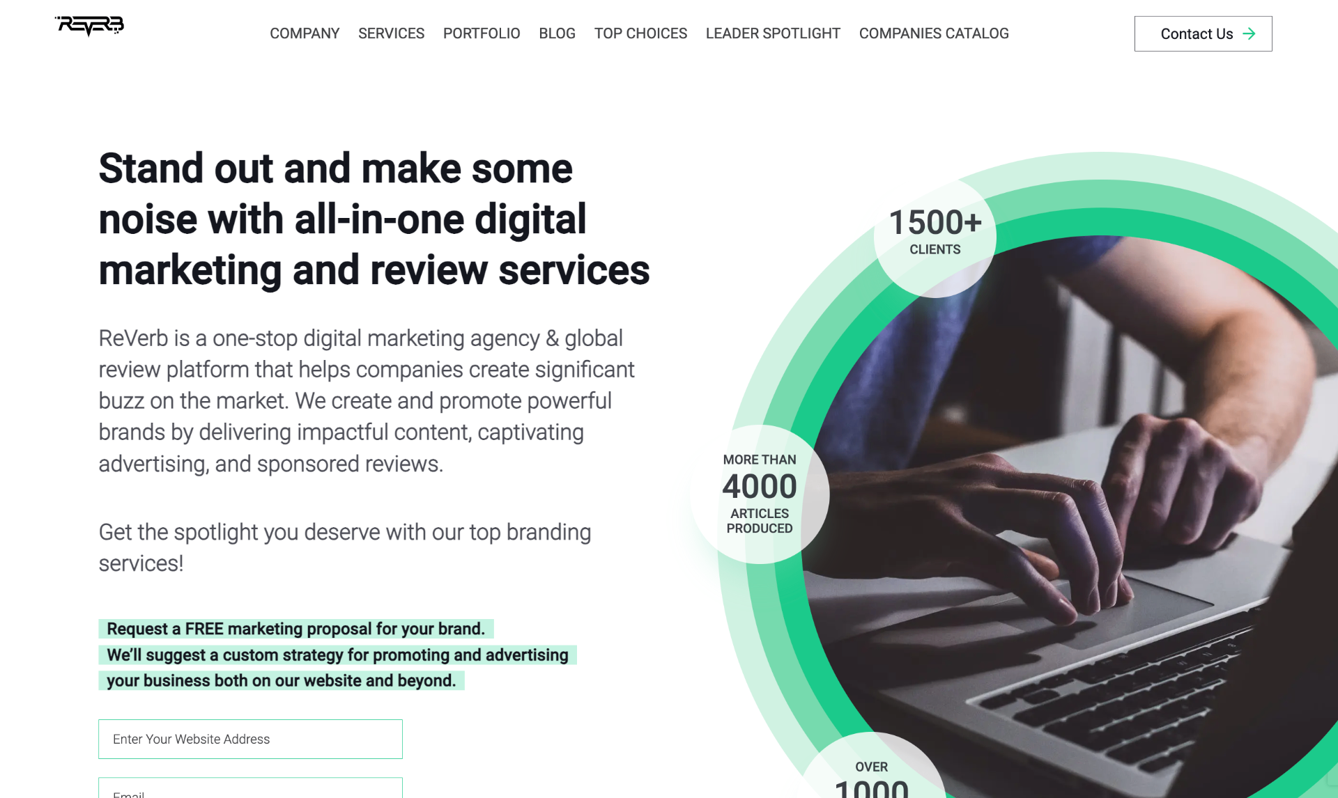 ReVerb digital marketing agency website hero showing 1500+ clients and 4000+ articles produced
